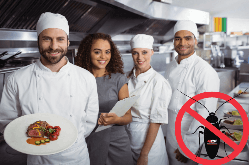 Why your business needs commercial pest control with RPC pest solutions Hammond La.; Restaurant team pictured in the kitchen with chef holding plate of food with a table of food next to them, along with a cockroach with a red no circle over it with the RPC logo